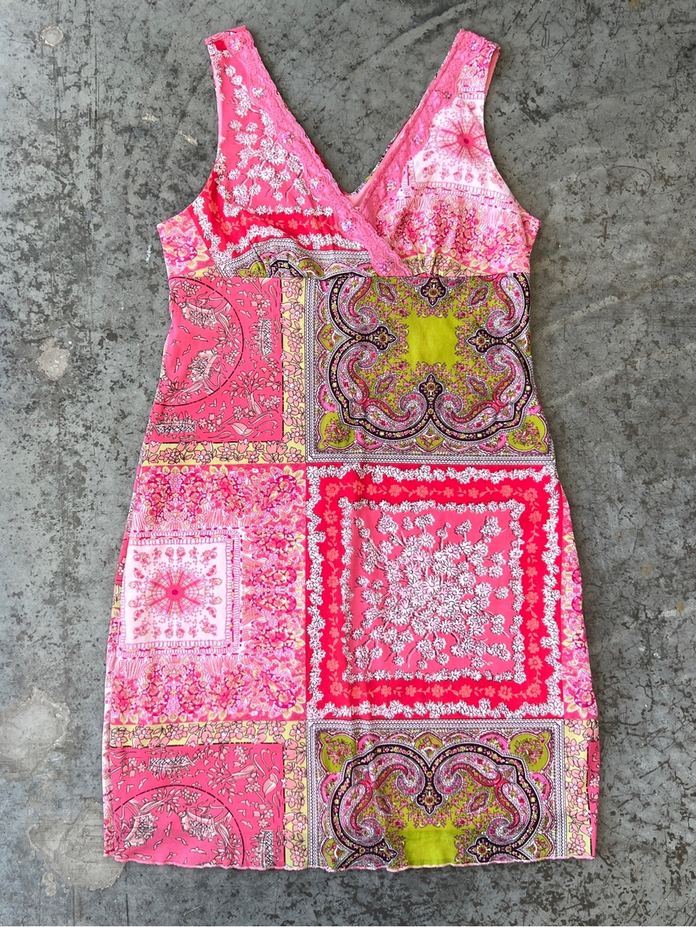 Xhilaration Dress Pink Green Patchwork Paisley Y2K Lace V-Neck Midi Women's XL